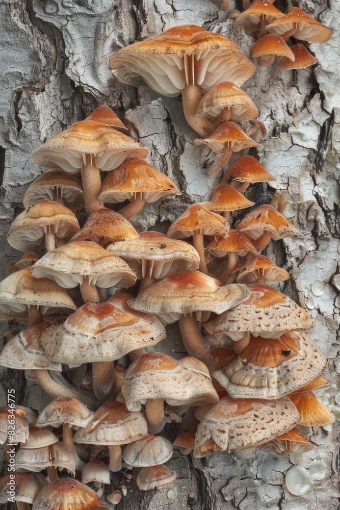 Poster cluster of mushrooms on tree trunk, ideal for nature backgrounds