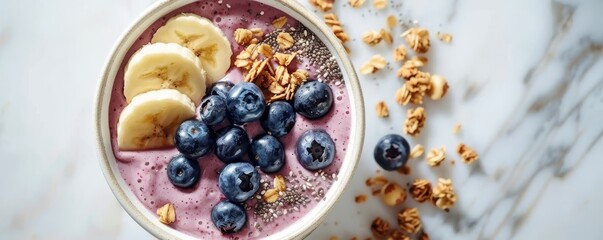 beauty of a blueberry smoothie bowl with banana, chia seeds, and granola, beautifully arranged in a flat lay style on a light background in a top view composition - Powered by Adobe