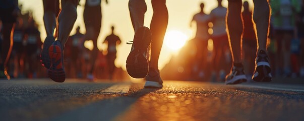 Close up of people running in a race, morning light, group closeup, side view, wearing shorts and t-shirts, outdoors at the lake shore, sunny day, sunset light - Powered by Adobe