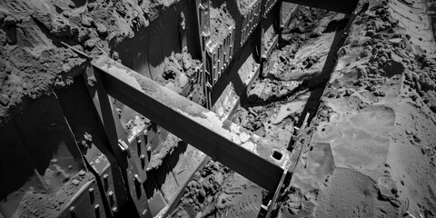 A black and white photo of a gate in the sand. Suitable for architectural and minimalistic design projects