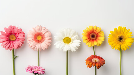 A variety of vibrant gerberas and daisies are aligned neatly against a pristine white backdrop, conveying a sense of freshness and purity