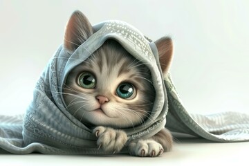 Cute animated kitten peeking out from a soft, grey scarf with big green eyes