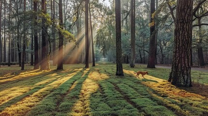   A dog wanders through a lush forest of towering trees and verdant grass