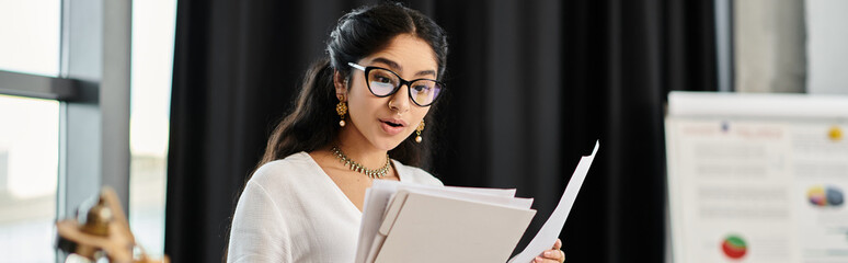 Stylish indian woman in glasses holds folder in front of window.