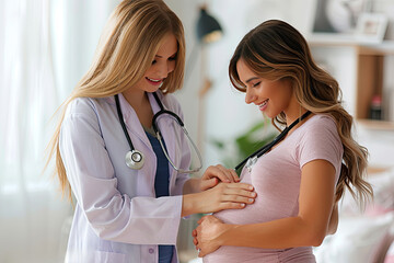 Female doctor is checking woman with stethoscope. Concept caring for pregnant woman. pregnant woman listening to her baby's heartbeat. Pregnancy, medicine, health-care, prenatal care
