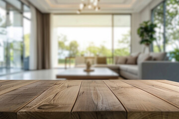 A wooden coffee table in the foreground with a blurred background of a minimalist living room. The background features sleek furniture, clean lines and large windows.