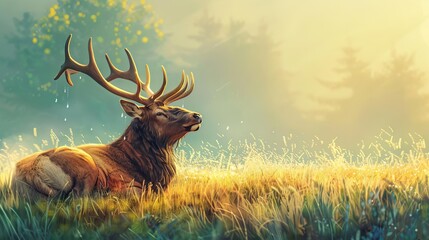 majestic elk resting in grassy field morning dew glistening on surrounding vegetation wildlife illustration digital painting