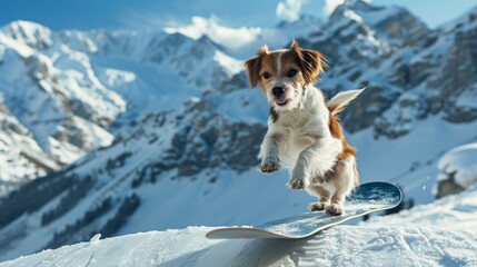 A dog on a snowboard performing a trick, with a snowy mountain background and copy space, high contrast, vivid colors