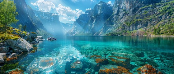 Majestic fjord surrounded by towering granite cliffs, crystal-clear waters reflecting the dramatic...