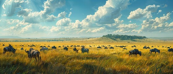 Panoramic vista of a vast, rolling grassland dotted with grazing herds of wildebeest and zebra - Powered by Adobe