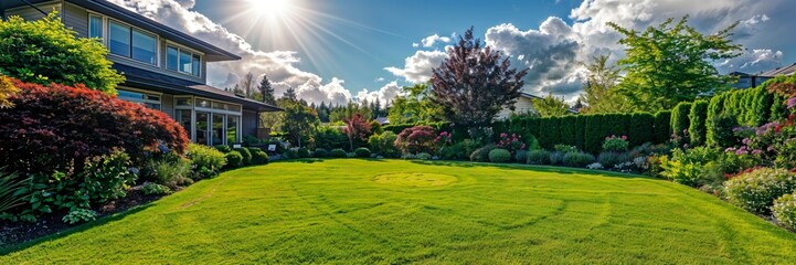 Obraz premium Perfect manicured lawn and flowerbed with shrubs in sunshine, on a backdrop of residential house backyard.