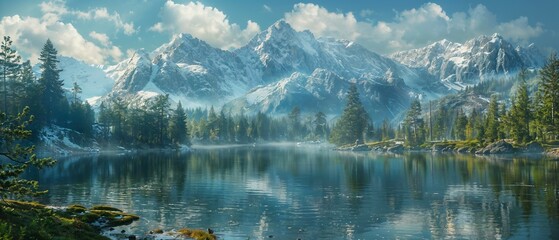 Naklejka premium Serene, mirror-like alpine lake set against a backdrop of jagged, snow-dusted peaks and evergreen forests