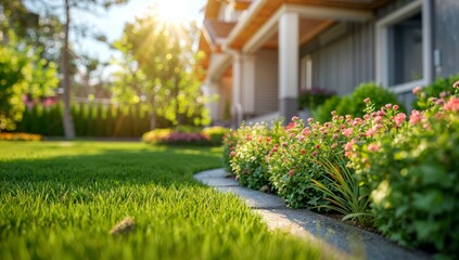 Perfect manicured lawn and flowerbed with shrubs in sunshine, on a backdrop of residential house backyard.