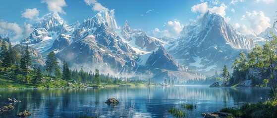 Serene, mirror-like alpine lake set against a backdrop of jagged, snow-dusted peaks and evergreen forests