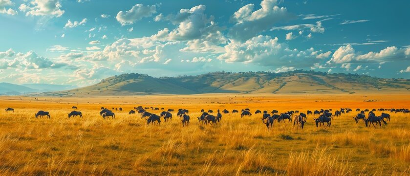 Panoramic vista of a vast, rolling grassland dotted with grazing herds of wildebeest and zebra