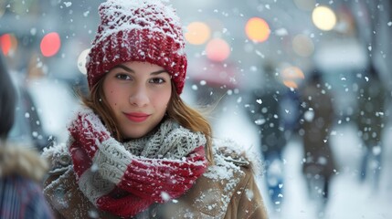 Winter Fashion: Capture stylish winter fashion with people dressed in trendy coats, scarves, and boots, walking through a snowy city or park, emphasizing seasonal style. 