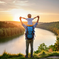 Fathers Back view of a little child boy sitting on his fathers shoulders holding hands and looking river into the enjoying sunset. Father walking with son