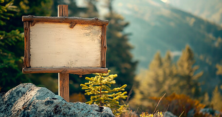 Advertisement in the wilderness with a blank signboard in the nature in the summer. Wilderness marketing concept. Mockup design.