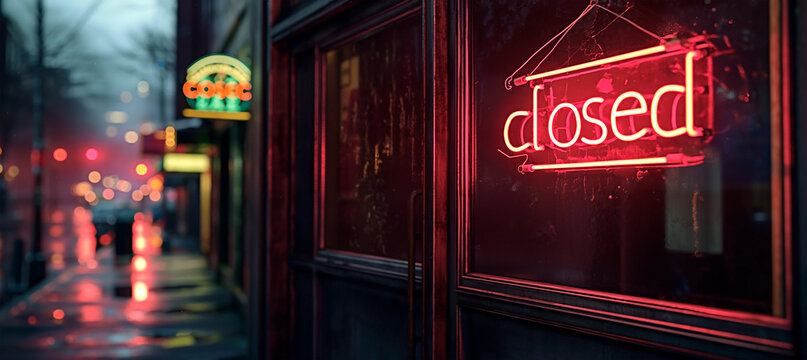 Vibrant neon closed sign on shopfront at dusk. Glowing closed signage on rainy street at night.