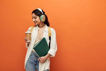 Young indian woman enjoying music with headphones while holding a coffee cup.
