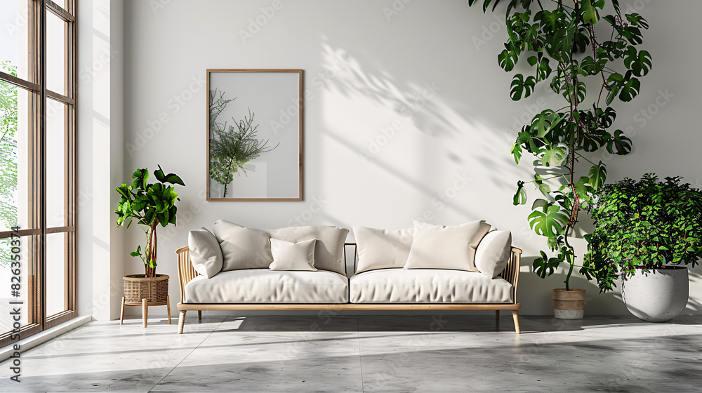 Wall mural Blank white wall in a modern apartment with a comfortable lounge area and green plants