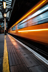 A train speeding past a platform, with the train itself slightly blurred and the platform details in sharp focus, giving a sense of the train's rapid motion. 