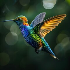 Fototapeta premium Captivating Close up of Iridescent Hummingbird in Vibrant Mid flight with Glistening Feathers
