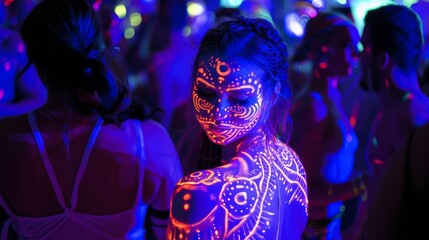 dancers uv tattoo glowing under black light in crowded nightclub