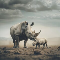 Fototapeta premium Sturdy Rhinoceros Mother Shielding Her Calf in Vast Dusty Safari Landscape