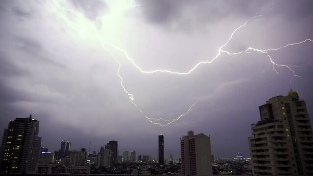 Lightning over the city. Real flashes of lightning over the city during a powerful thunderstorm. Lightning strikes on a dark night sky. 
