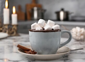 Hot cocoa with marshmallows in a cup isolated on kitchen counter closeup. Winter hot drink concept.