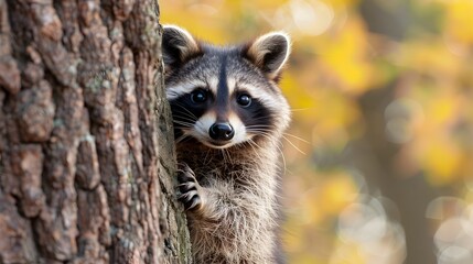 Mischievous Raccoon Peeking from Behind Tree in Autumn Forest Foliage Wildlife Portrait Concept with Copy Space