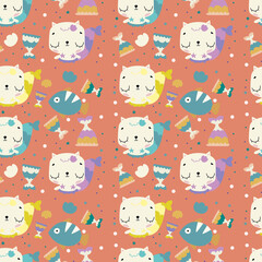 Cat Mermaid seamless pattern for fabric, papers, scrapbooking