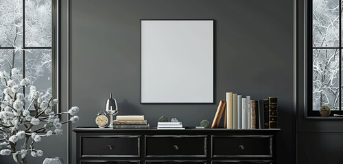 Chic dark room with black dresser, books in frost gray, square poster visualization. 3D rendering.