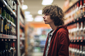 Generative AI image of young shopper chooses an alcoholic beverage at a local liquor store