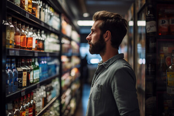 Fototapeta premium Generative AI image of young man explores a wine store rows