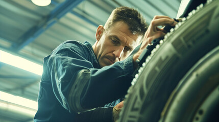 Repairman using tools to patch a tire leak as the customer observes, showcasing dedication to quality service and customer satisfaction.