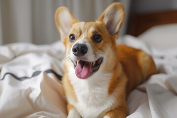 Cheerful pembroke welsh corgi lying on a cozy bed with tongue out