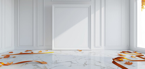 High-definition 3D mockup of an empty room with a blank frame, amber ribbons, white walls, and a marble floor.
