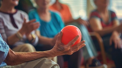 Elderly person engaging in a fun activity with a group at a senior center, lively and engaging atmosphere