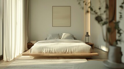 Elegant minimalist bedroom featuring a low platform bed, neutral bedding, and minimal decor, serene and stylish