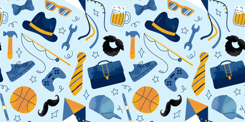 Seamless pattern for Happy Father's Day. Grunge textured hat, ball, mustache, bow tie, gamepad, kite, items, shoes, briefcase. For background, textile, wallpaper, wrapper.