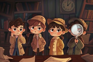 Four cartoon children dressed as detectives with magnifying glass in a vintage library setting