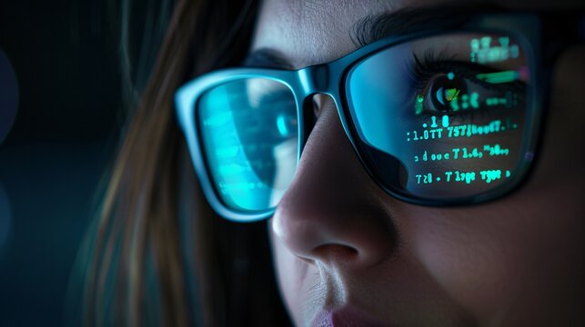 Closeup of a Female IT Professional's Face with Glasses Reflecting Computer Code in a Dark Room for a High-Tech and Intense Atmosphere