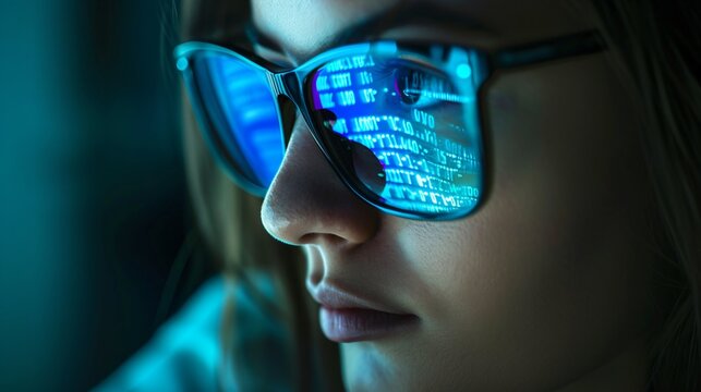 Closeup of a Female IT Professional's Face with Glasses Reflecting Computer Code in a Dark Room for a High-Tech and Intense Atmosphere