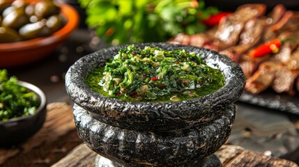 authentic argentinian chimichurri sauce in rustic mortar with grilled meats background food photography