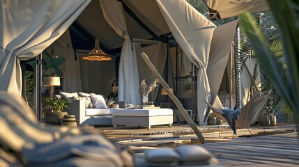 Extravagant safari experience in a plush tented camp, surrounded by wildlife and breathtaking landscapes, detailed and immersive