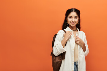 Young indian woman with backpack striking a pose against bright orange background.