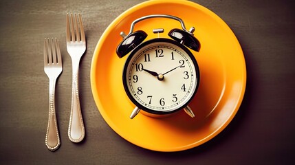 Conceptual image of a black alarm clock on an orange plate with fork and knife, symbolizing mealtime or time management