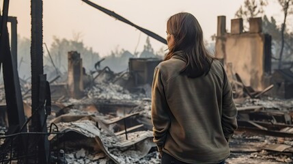 Fototapeta premium A somber scene of a woman contemplating the remains of a house destroyed by fire